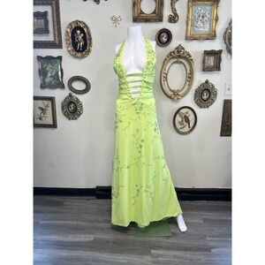 Fire & Ice Vintage Y2K Lime Green Beaded Halter Gown 6